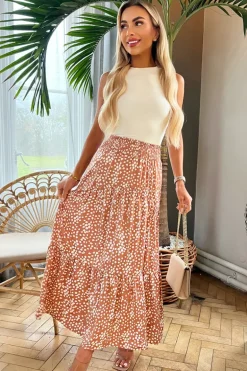 Mocha Print Shirred Waist Maxi Skirt