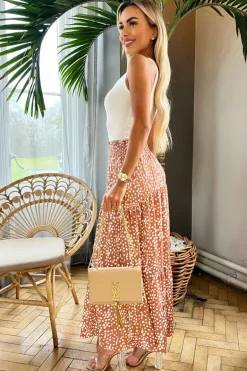 Mocha Print Shirred Waist Maxi Skirt