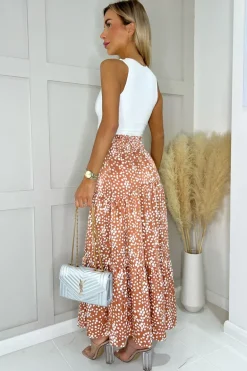 Mocha Print Shirred Waist Maxi Skirt