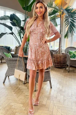 Mocha Printed Frill Hem Mini Dress