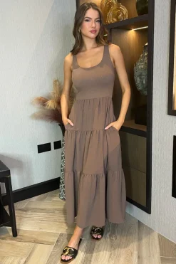 Mocha Round Neck Ribbed Top Tiered Skirt Midi Dress