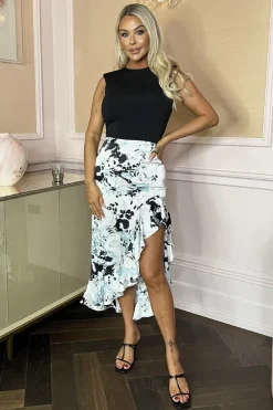 Multi Abstract Animal Print 2 In 1 High Low Frill Hem Midi Dress