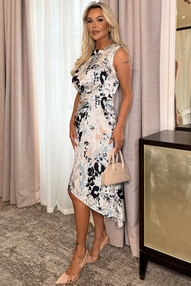 Multi Abstract Animal Print Gathered Midi Dress With Shoulder Pads