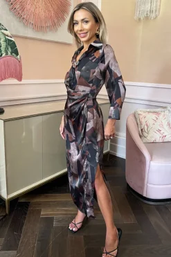 Multi Abstract Print 3/4 Sleeve Shirt Midi Dress