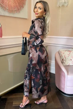 Multi Abstract Print 3/4 Sleeve Shirt Midi Dress