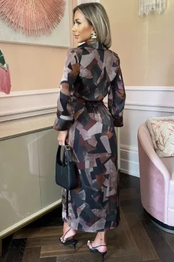 Multi Abstract Print 3/4 Sleeve Shirt Midi Dress