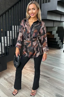 Multi Abstract Print Collared Gathered Waist Top