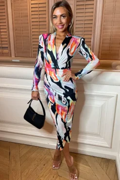 Multi Abstract Print Long Sleeve Bodycon Midi Dress