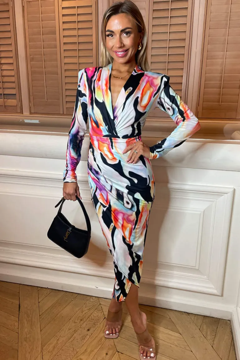 Multi Abstract Print Long Sleeve Bodycon Midi Dress