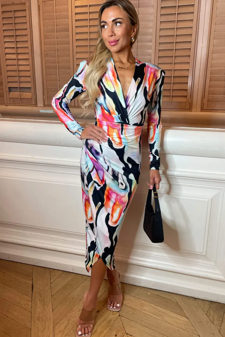 Multi Abstract Print Long Sleeve Bodycon Midi Dress