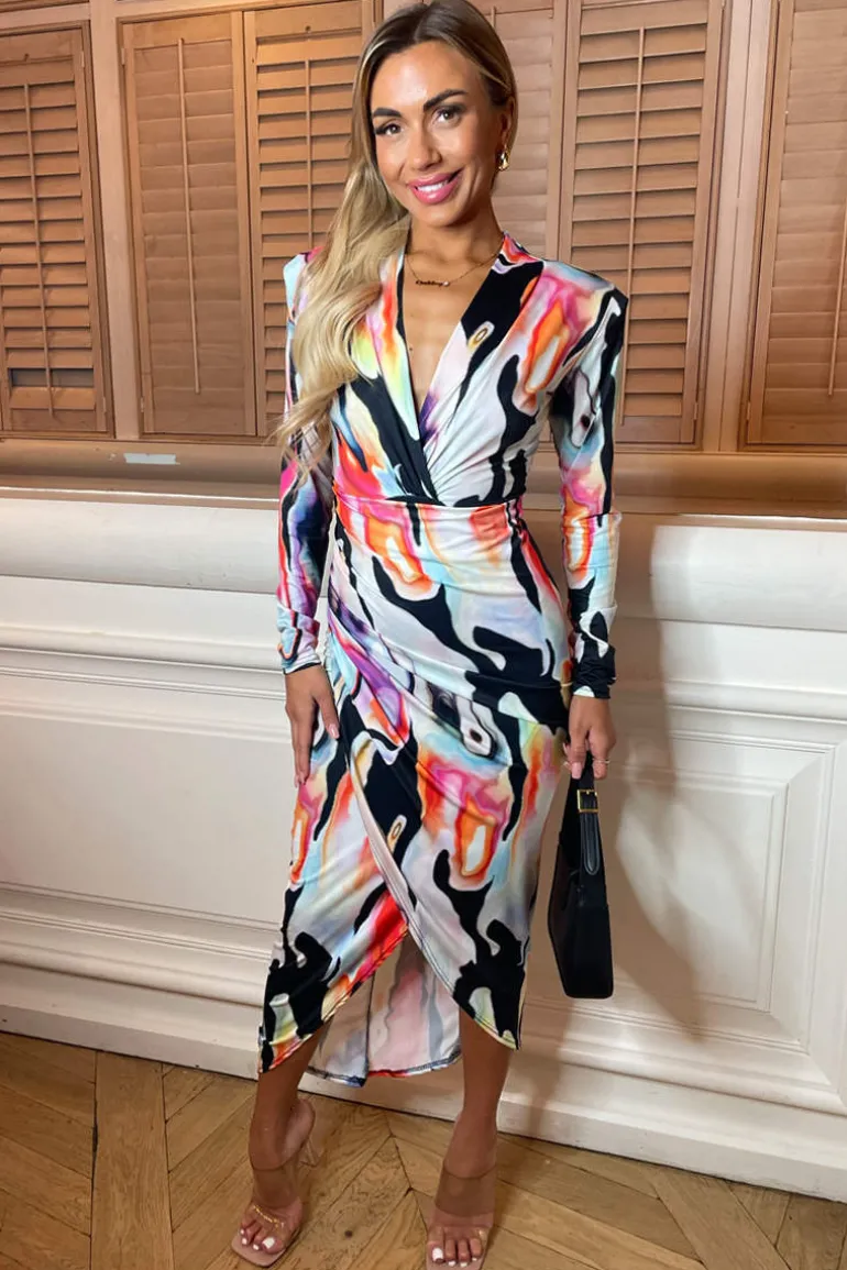Multi Abstract Print Long Sleeve Bodycon Midi Dress