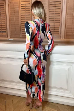 Multi Abstract Print Long Sleeve Bodycon Midi Dress