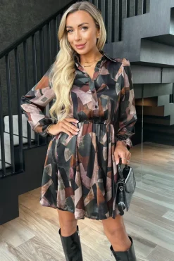 Multi Abstract Print Long Sleeve Mini Skater Dress