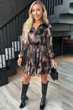 Multi Abstract Print Long Sleeve Mini Skater Dress