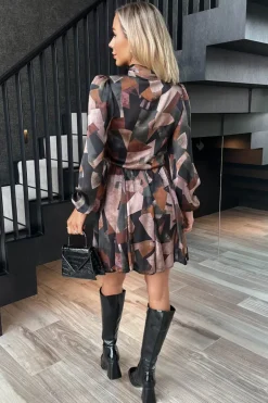 Multi Abstract Print Long Sleeve Mini Skater Dress