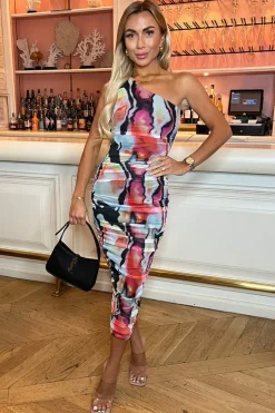 Multi Abstract Print Mesh One Shoulder Bodycon Midi Dress