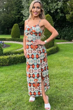 Multi Abstract Print Strappy Midi Dress