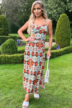 Multi Abstract Print Strappy Midi Dress