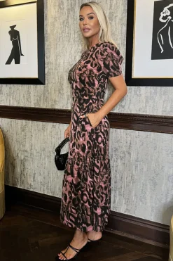 Multi Animal Print Puff Sleeve Smock Midi Dress