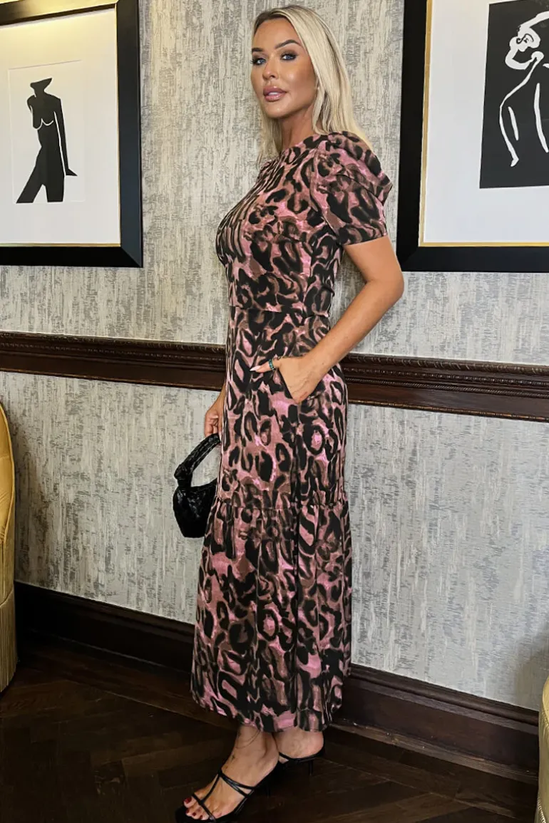 Multi Animal Print Puff Sleeve Smock Midi Dress