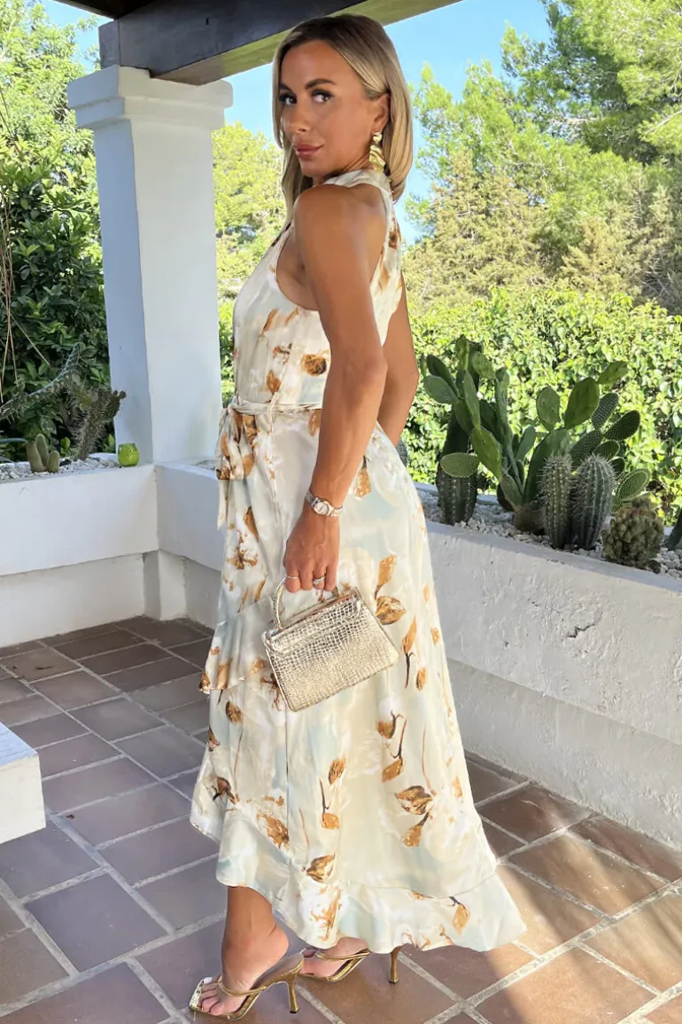 Multi Blossom Print Halterneck Tie Waist Dipped Hem Midi Dress