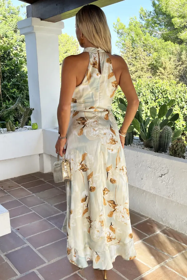 Multi Blossom Print Halterneck Tie Waist Dipped Hem Midi Dress