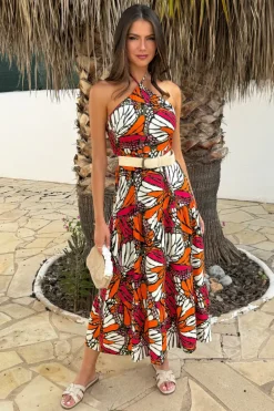 Multi Butterfly Print Halterneck Straw Belt Tiered Midi Dress