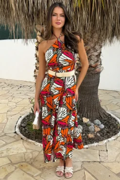 Multi Butterfly Print Halterneck Straw Belt Tiered Midi Dress