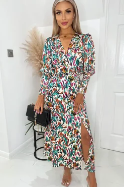Multi Colour Printed Wrap Top Midi Dress