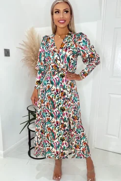 Multi Colour Printed Wrap Top Midi Dress