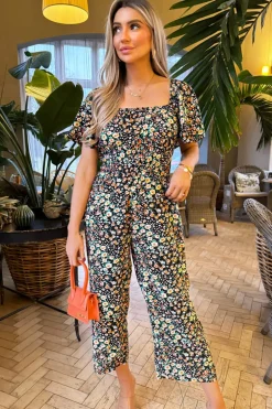 Multi Ditsy Floral Print Flutter Sleeve Jumpsuit