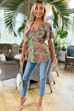 Multi Floral Garden Print V Neck Top