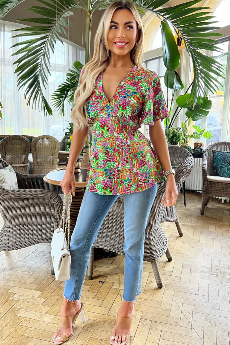 Multi Floral Garden Print V Neck Top