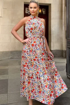 Multi Floral Print High Neck Tie Belt Midi Dress