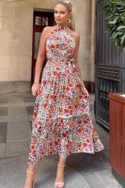 Multi Floral Print High Neck Tie Belt Midi Dress