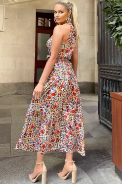Multi Floral Print High Neck Tie Belt Midi Dress