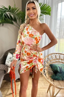 Multi Floral Print One Sleeve Ruched Side Mini Dress
