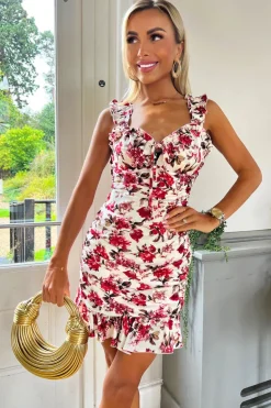 Multi Floral Print Ruched Frill Strap Mini Dress