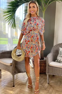 Multi Floral Printed Batwing Mini Dress