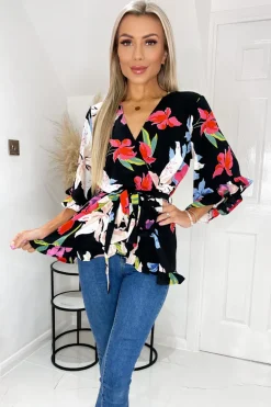 Multi Floral Printed Frill Hem Wrap Top