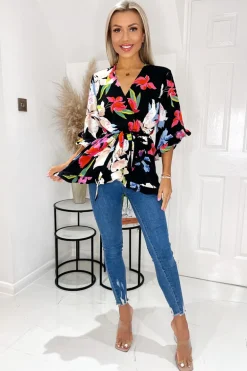 Multi Floral Printed Frill Hem Wrap Top