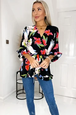 Multi Floral Printed Frill Hem Wrap Top