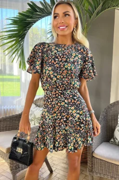 Multi Floral Printed Short Sleeve Mini Skater Dress