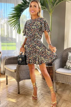 Multi Floral Printed Short Sleeve Mini Skater Dress