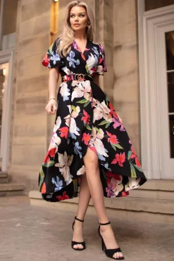 Multi Floral Printed Short Sleeve Belted Wrap Midi Dress