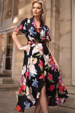 Multi Floral Printed Short Sleeve Belted Wrap Midi Dress