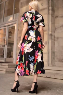 Multi Floral Printed Short Sleeve Belted Wrap Midi Dress