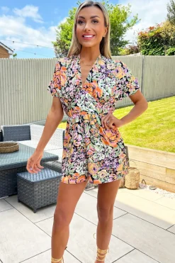Multi Floral Printed Short Sleeve Tie Back V Neck Playsuit