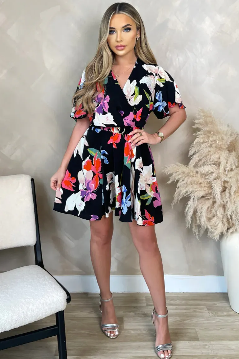 Multi Floral Printed Wrap Over Belted Skater Dress