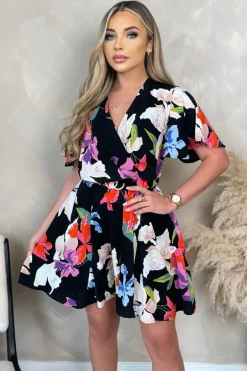 Multi Floral Printed Wrap Over Belted Skater Dress